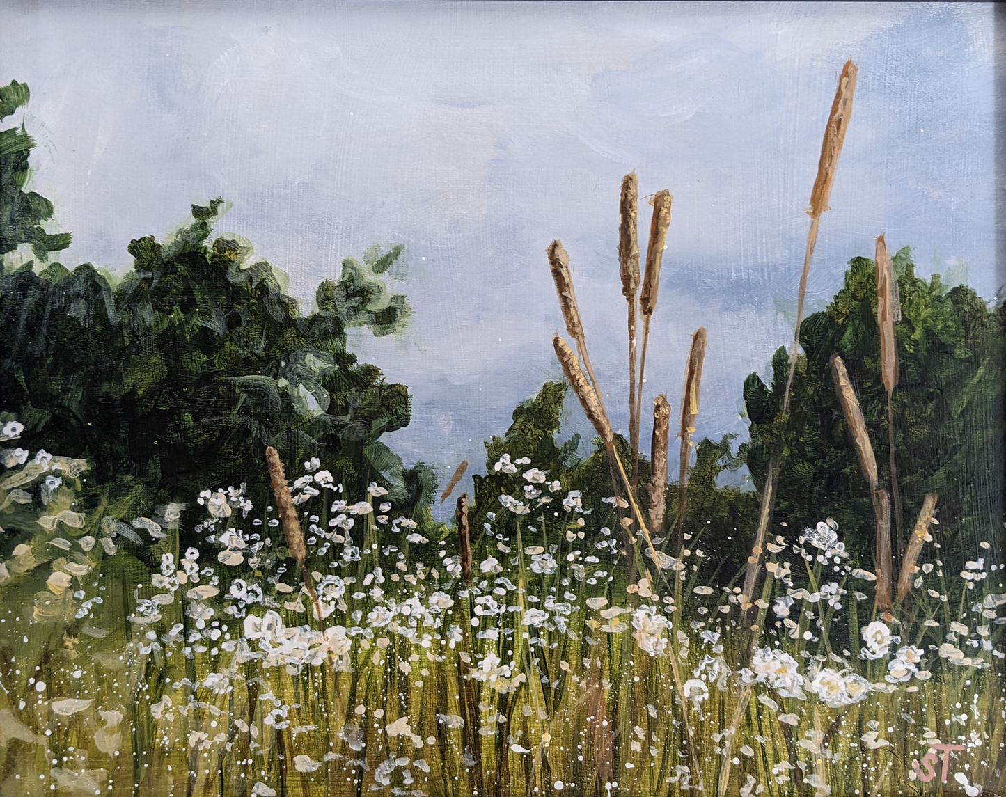 Original acrylic Mainecore artwork featuring a field of flowers and timothy grass against a brooding gray sky.
