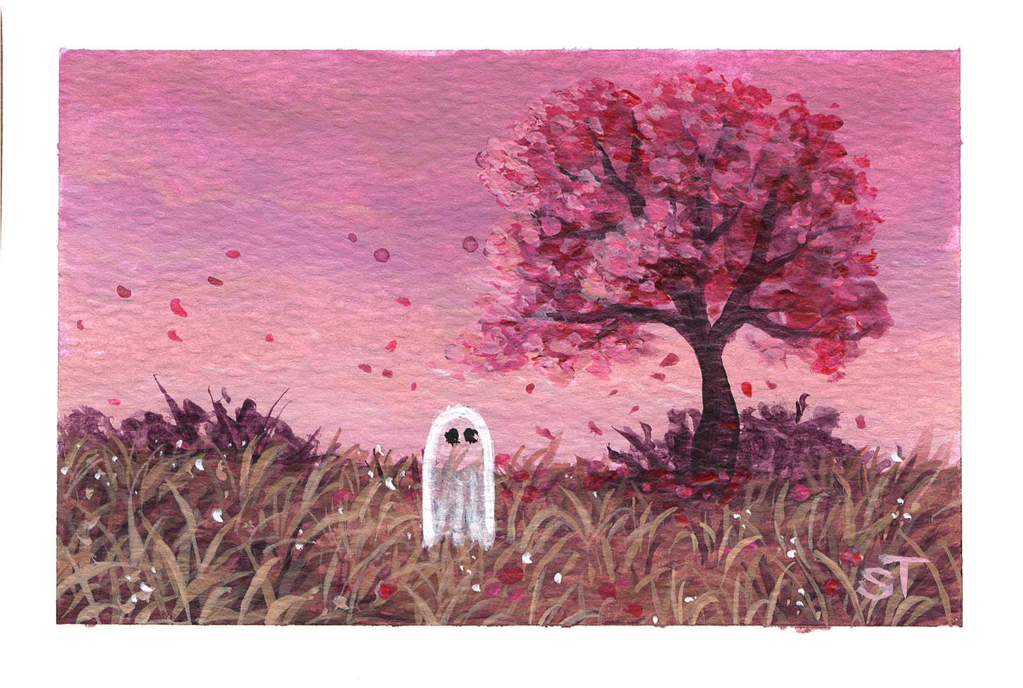 Artistic depiction of a ghost under a cherry blossom tree with a pink sky.