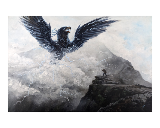 Original painting of Pamola, a thunderbird-like spirit with outstretched wings crackling with lightning, rising from storm clouds above a rocky mountain peak where a lone hiker stands.