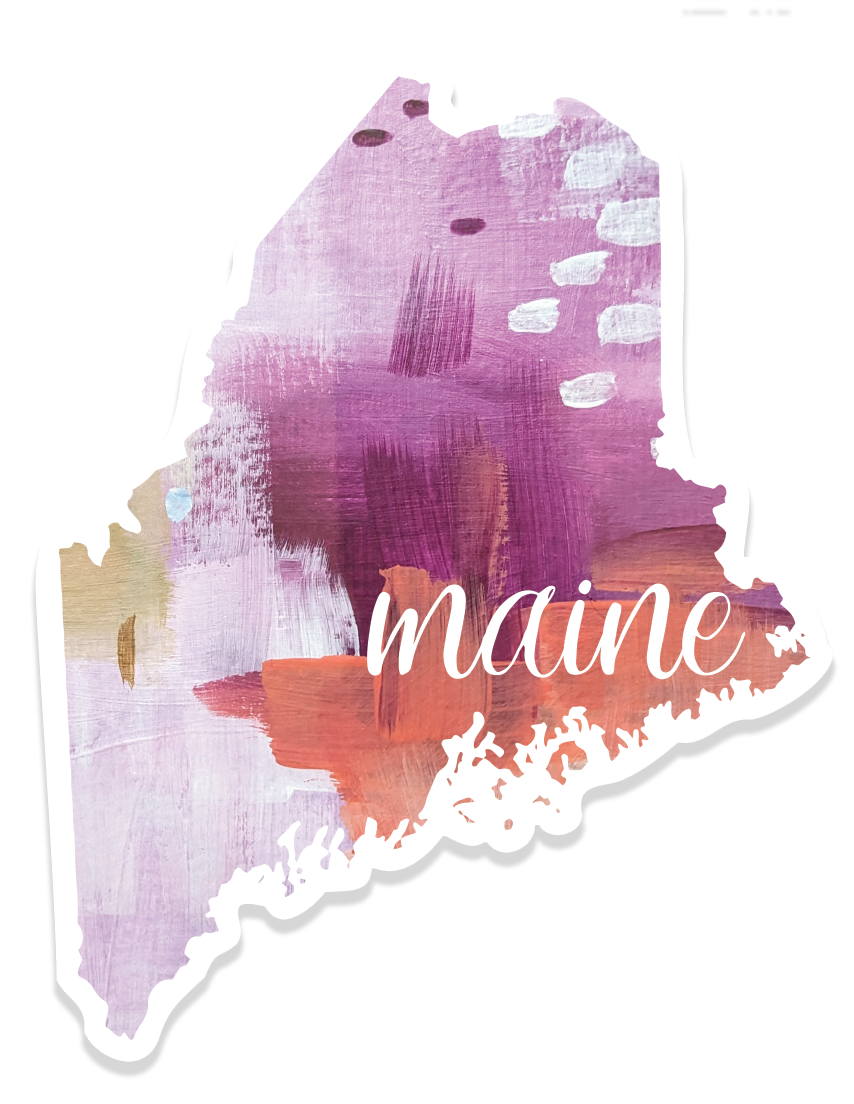 Maine-shaped vinyl sticker with pink, purple, and peach abstract acrylic artwork and white “maine” text.