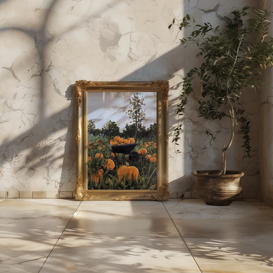 A framed art print featuring a wheelbarrow in a pumpkin patch with many ripe pumpkins, displayed in a home setting with natural lighting.