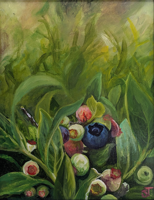 Original Snackbreak artwork, an acrylic painting of a small bunch of blueberries with a singular ripe one, against a green background.