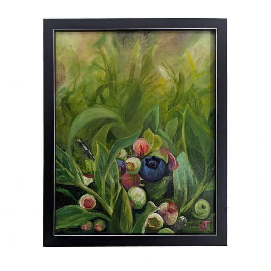 Original Snack Break acrylic painting, in black frame with gold elements set against a white background.