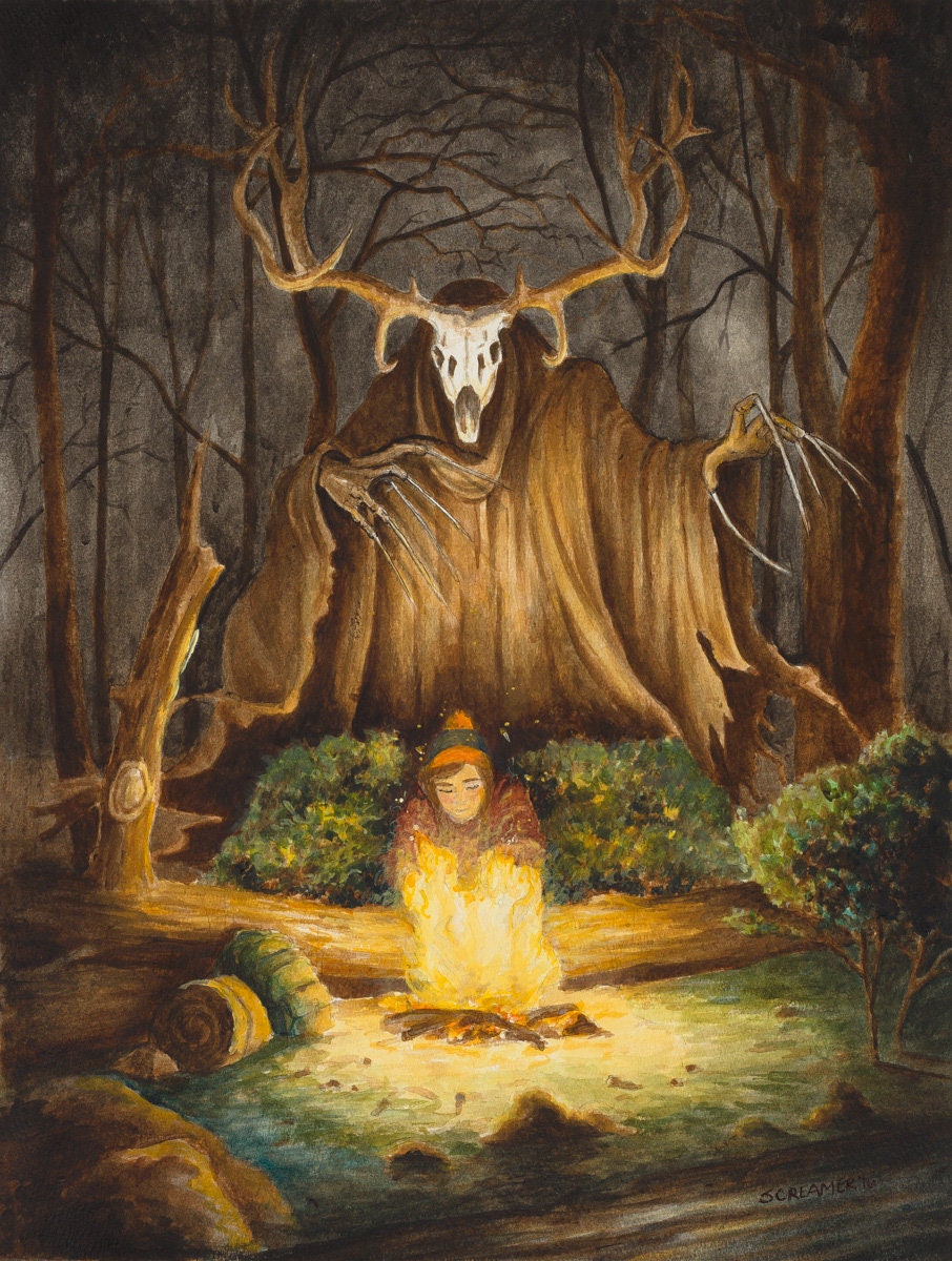 Original artwork of a towering Wendigo with a skull-like head and antlers looming behind a hooded figure seated at a small campfire in a dark, leafless forest at night.