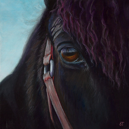 A close-up acrylic painting of a horse's eye, with a detailed depiction of the eye and surrounding area, presented on a flat surface.