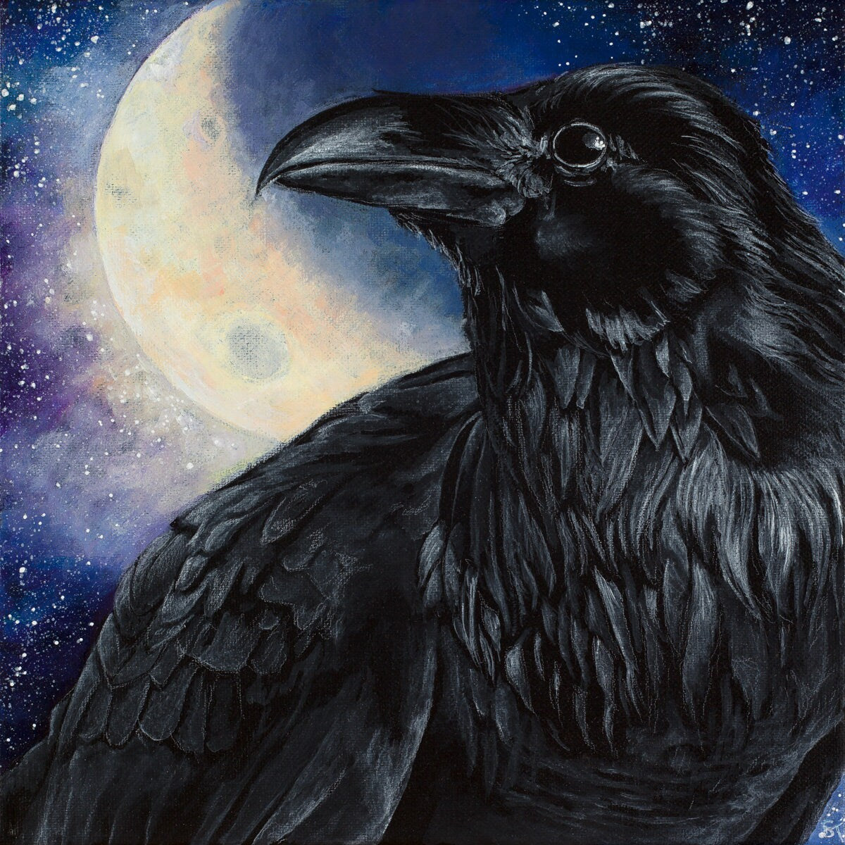 Acrylic painting of a raven against a star-filled night sky with a glowing moon in the background.