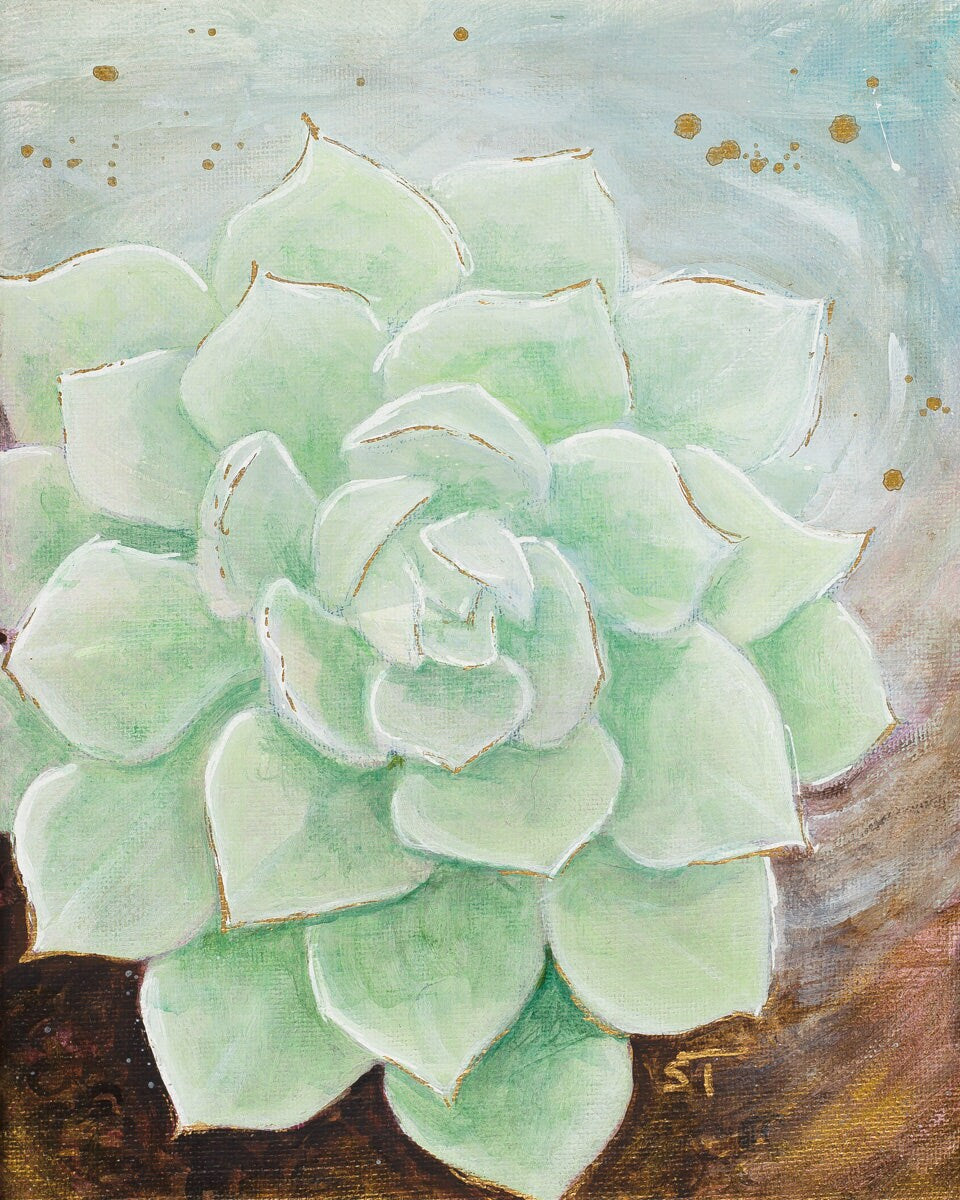 Soft mint green succulent acrylic painting with delicate gold accents and subtle textured background by Sarah Terrell.