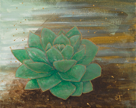 Green echeveria succulent acrylic painting with layered rosette leaves, fine gold outlines, and scattered gold flecks on a softly textured earth-toned background by Sarah Terrell.