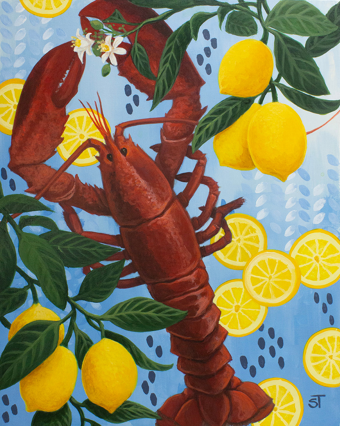 Illustration of a lobster among lemons on a blue background