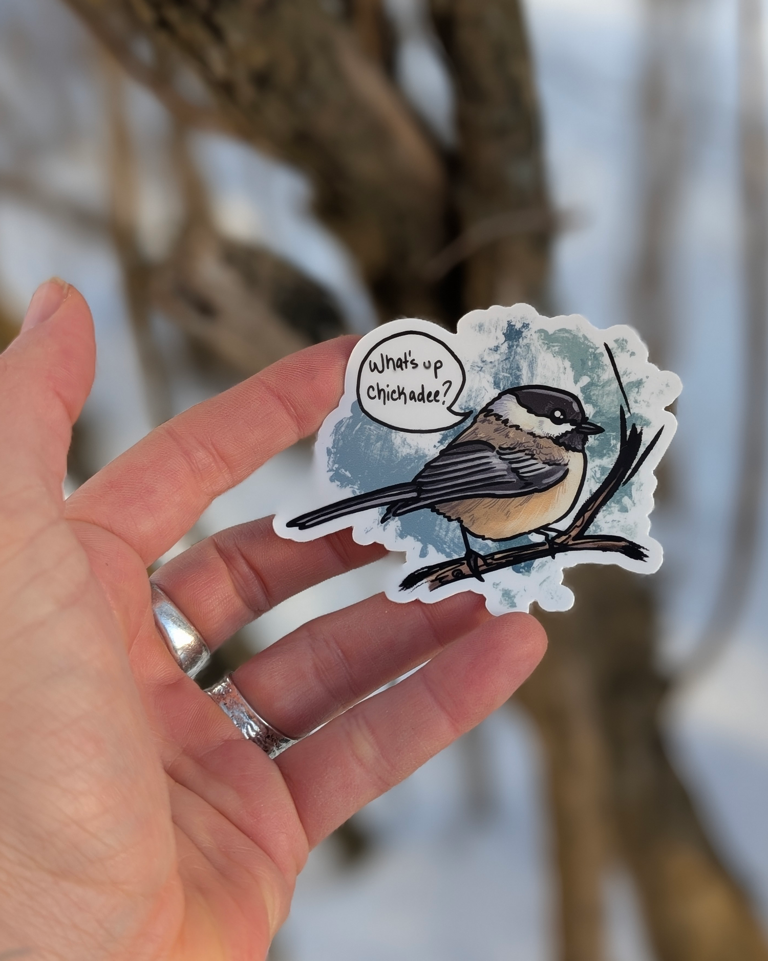 Hand holding a “What’s up chickadee?” vinyl sticker outdoors in a winter setting.