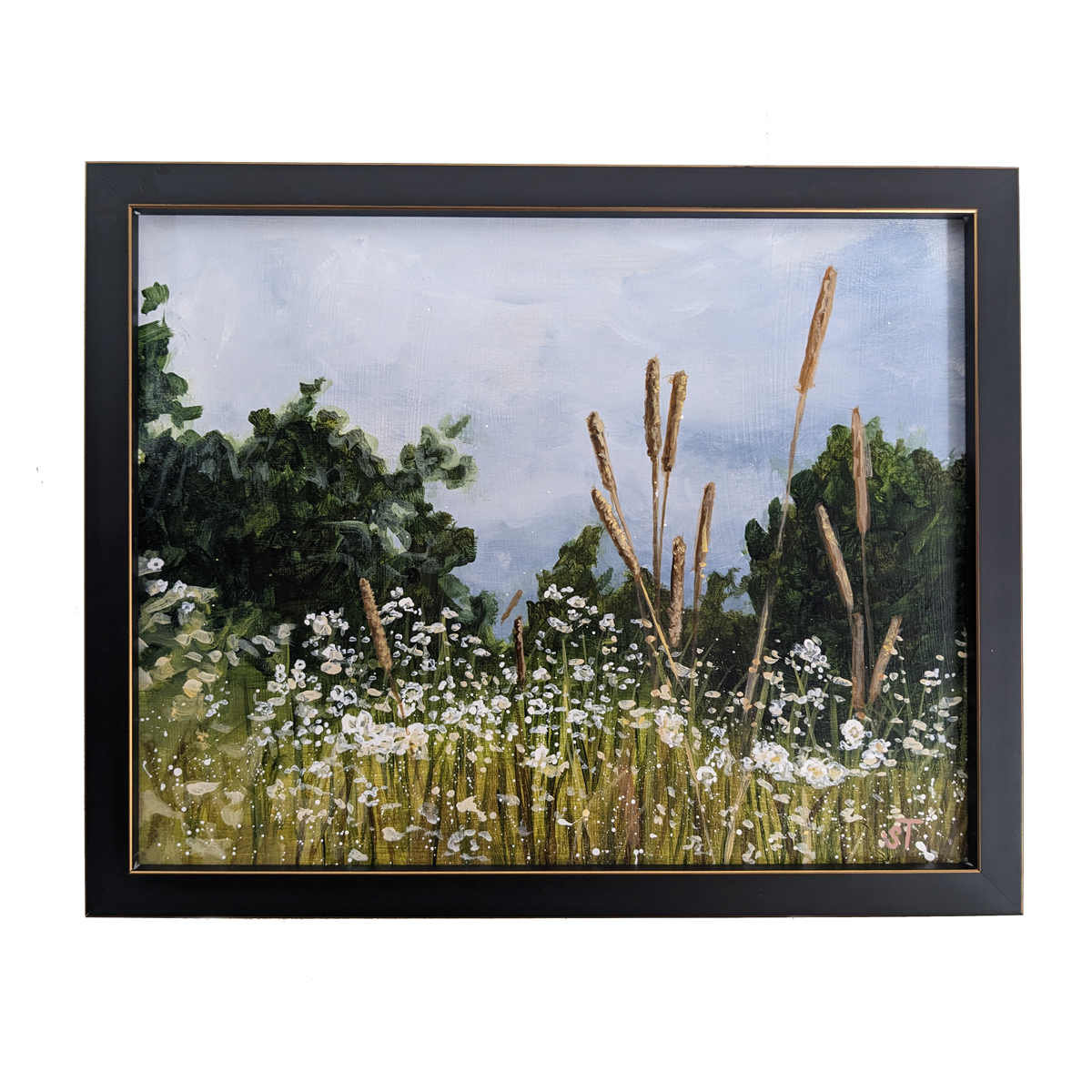 An acrylic painting on a wood panel featuring a stormy landscape of wildflowers with a black frame.