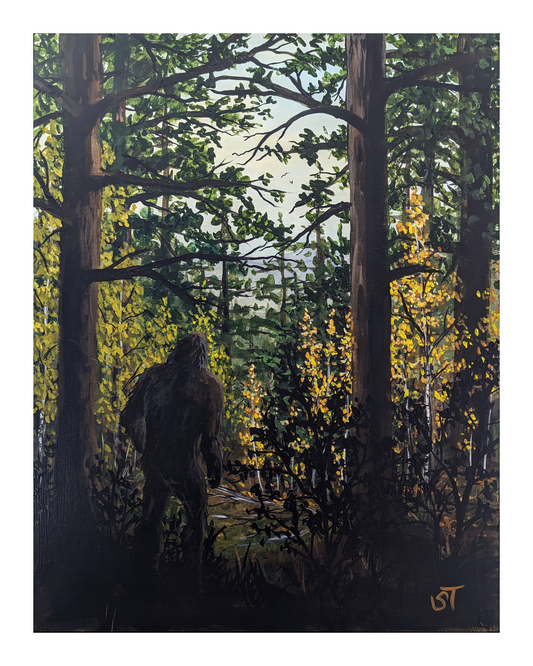 Original artwork of Sasquatch walking through a dense forest path, seen from behind beneath tall trees with green and golden foliage and soft light filtering through the canopy.