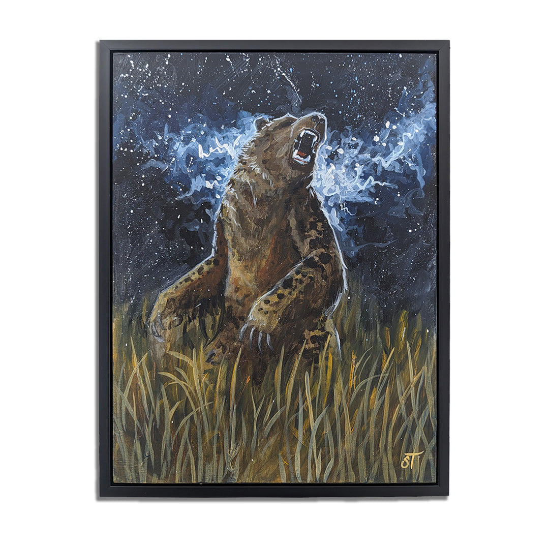 Framed original artwork of the mythical Nandi Bear standing upright in moonlit grass, roaring into a dark sky streaked with mist and starlight.