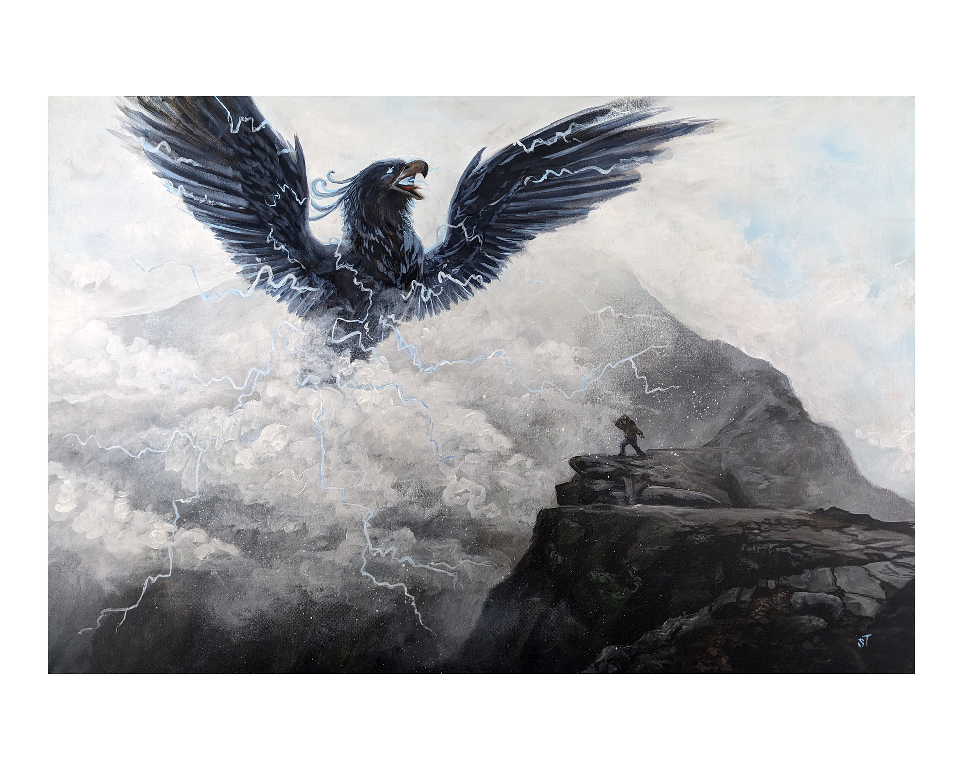 Original painting of Pamola, a thunderbird-like spirit with outstretched wings crackling with lightning, rising from storm clouds above a rocky mountain peak where a lone hiker stands.