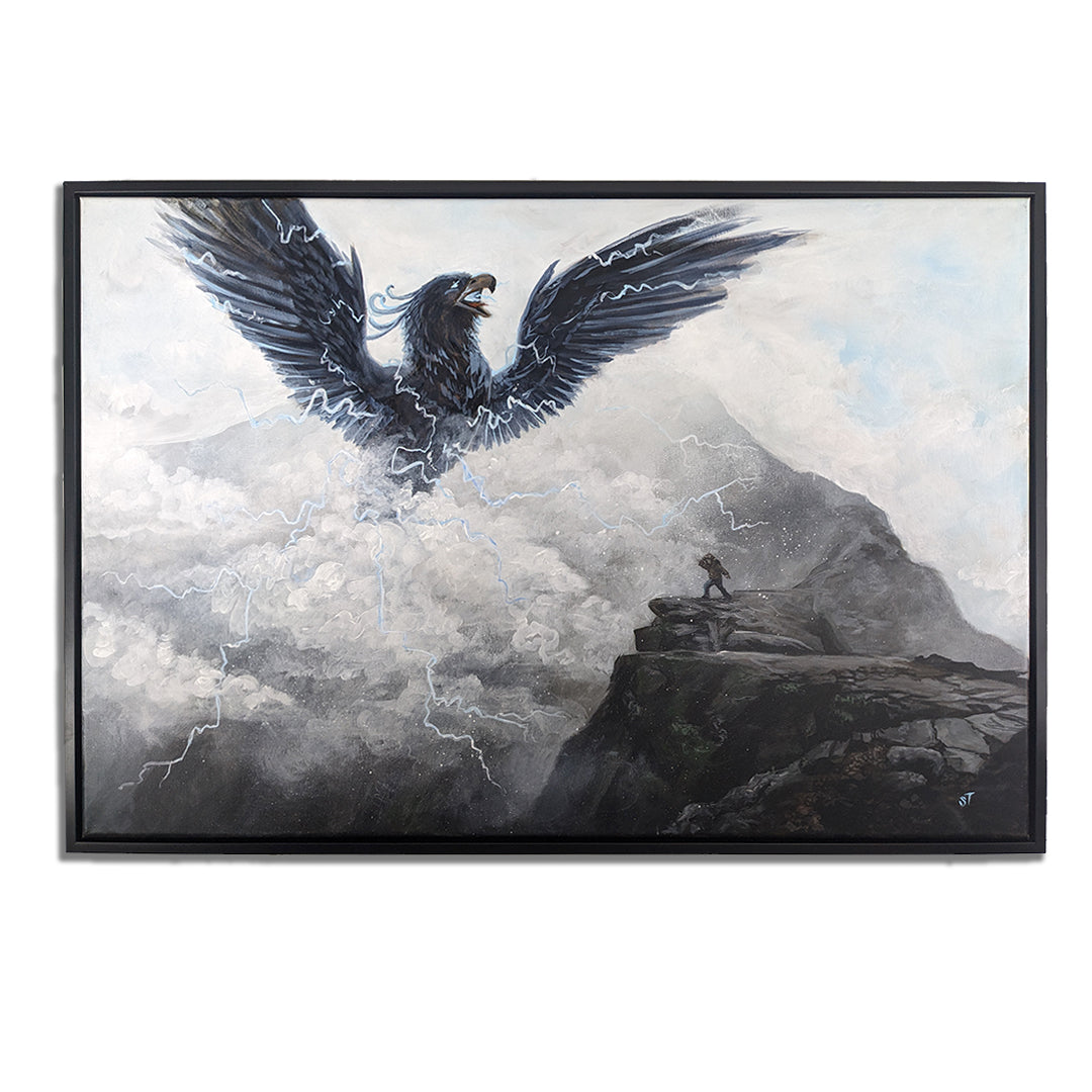 Framed painting of Pamola, a powerful thunderbird figure emerging from swirling storm clouds with lightning arcing across the sky above a mountain ledge.
