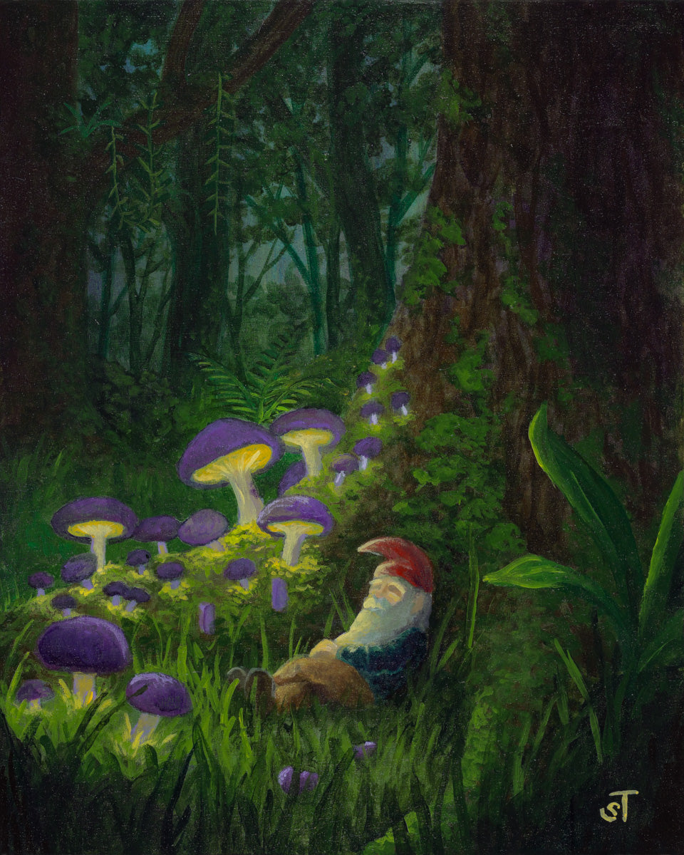 Original artwork of a small gnome sleeping in tall grass beneath glowing purple mushrooms, surrounded by a lush, dark forest with moss, ferns, and soft light filtering through the trees.