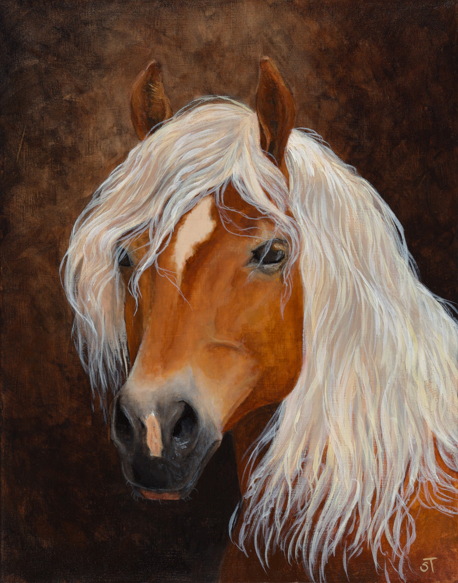 Portrait painting of a palomino horse with a long, flowing white mane, set against a warm brown background with soft, painterly texture.