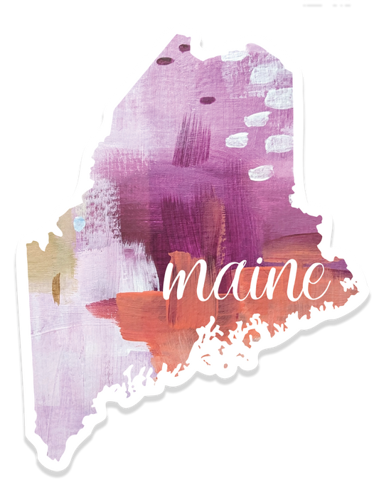 Maine-shaped vinyl sticker with pink, purple, and peach abstract acrylic artwork and white “maine” text.