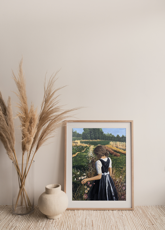 Field of Flowers framed art print, displayed against a neutral colored wall with decorative elements. 