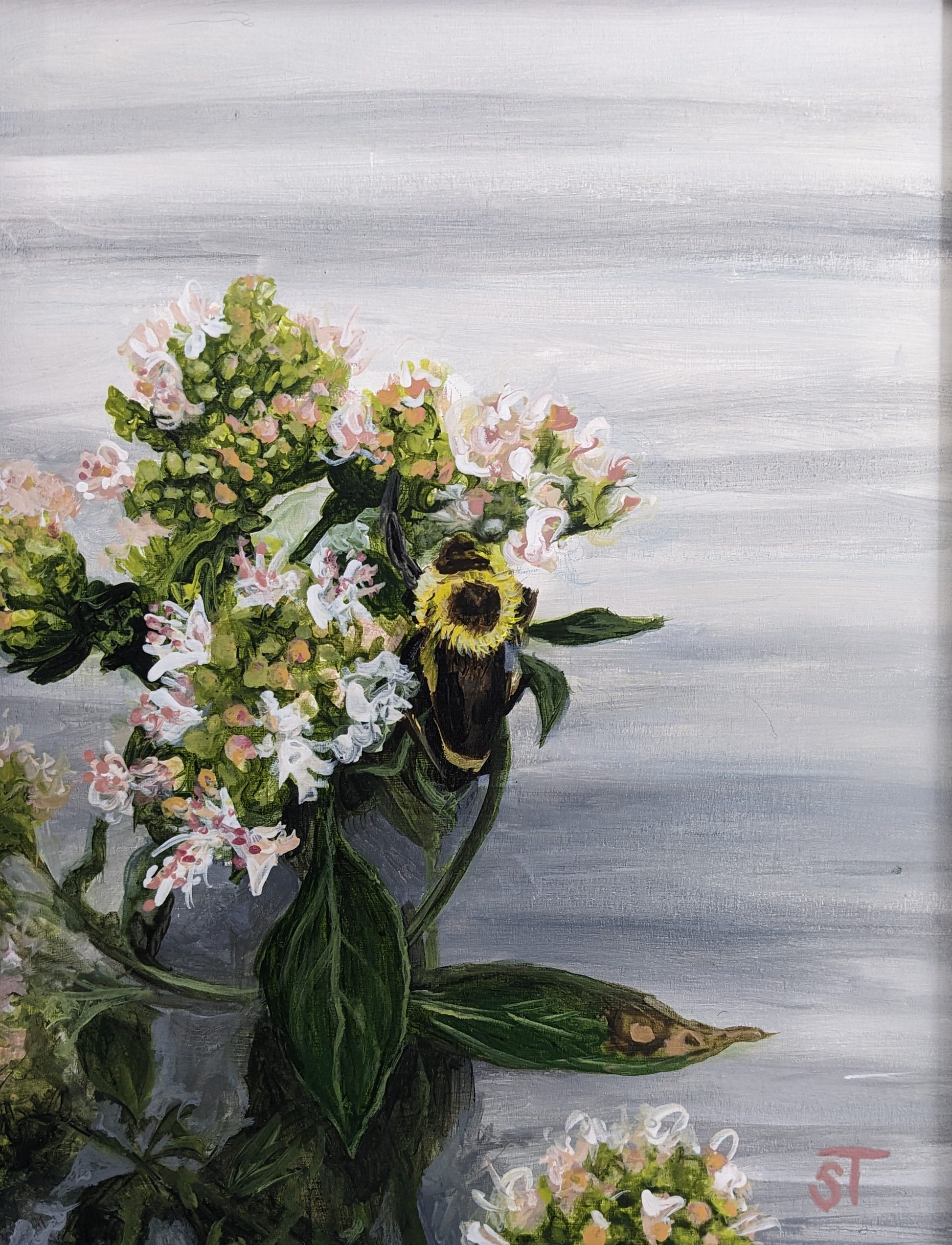 Original Humble Bumble artwork featuring a bumble bee on some flowers against a neutral background. 