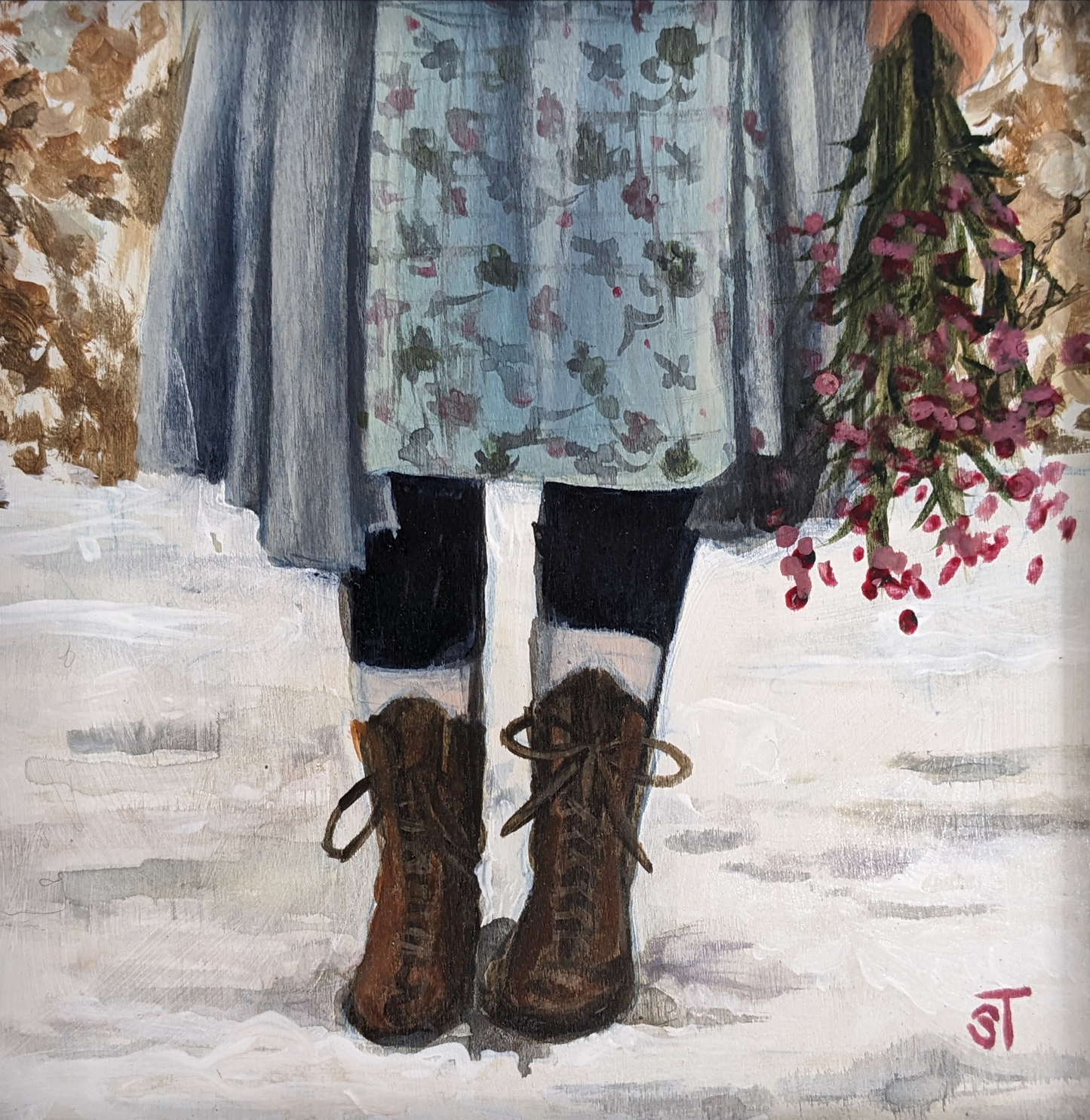 Original Winter Boots acrylic artwork featuring a girls floral skirt, leggings, boots with a bundle of pink flowers in hand in a winter scene. 