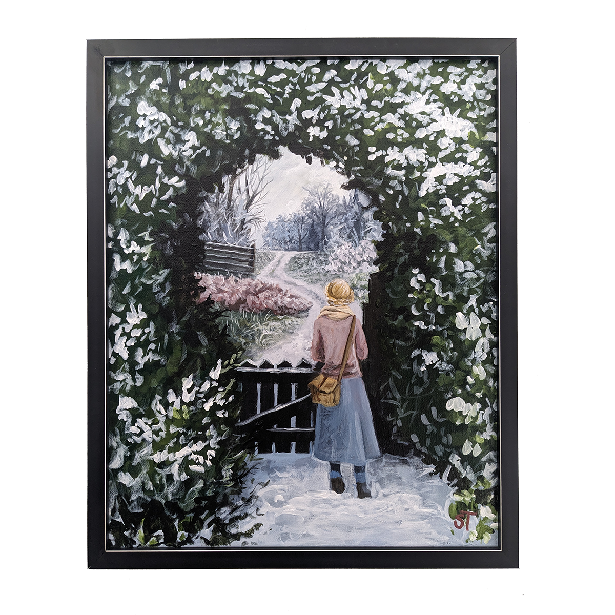 An original acrylic painting on canvas featuring a girl at a garden gate surrounded by a wintry landscape, presented in a black frame with silver accents.