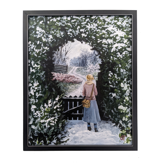 An original acrylic painting on canvas featuring a girl at a garden gate surrounded by a wintry landscape, presented in a black frame with silver accents.