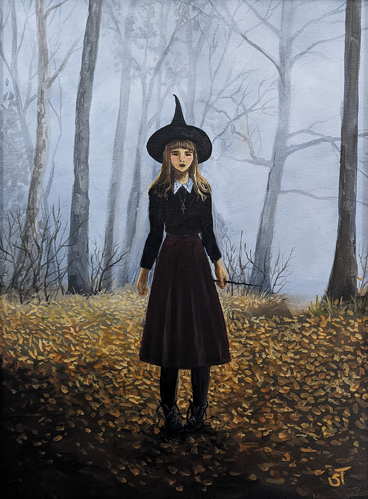 Original Witchcore artwork featuring a young witch with wand in hand standing in a misty autumn forest scene. 