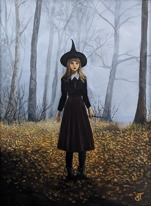 Original Witchcore artwork featuring a young witch with wand in hand standing in a misty autumn forest scene. 