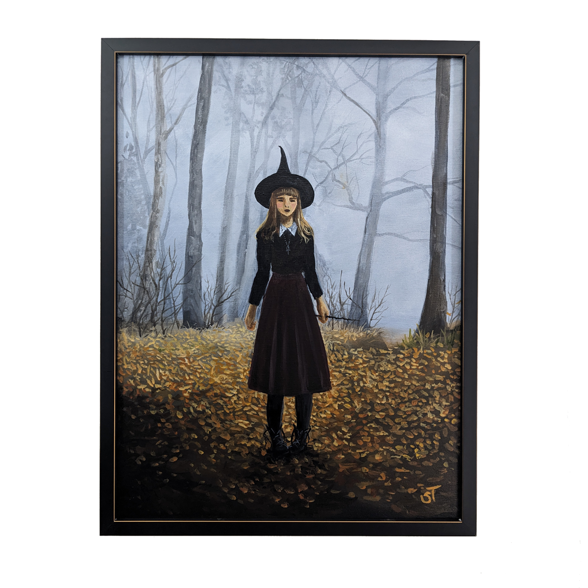 An original acrylic painting on canvas featuring a witch girl in a forest setting, framed in a black frame with gold accents.