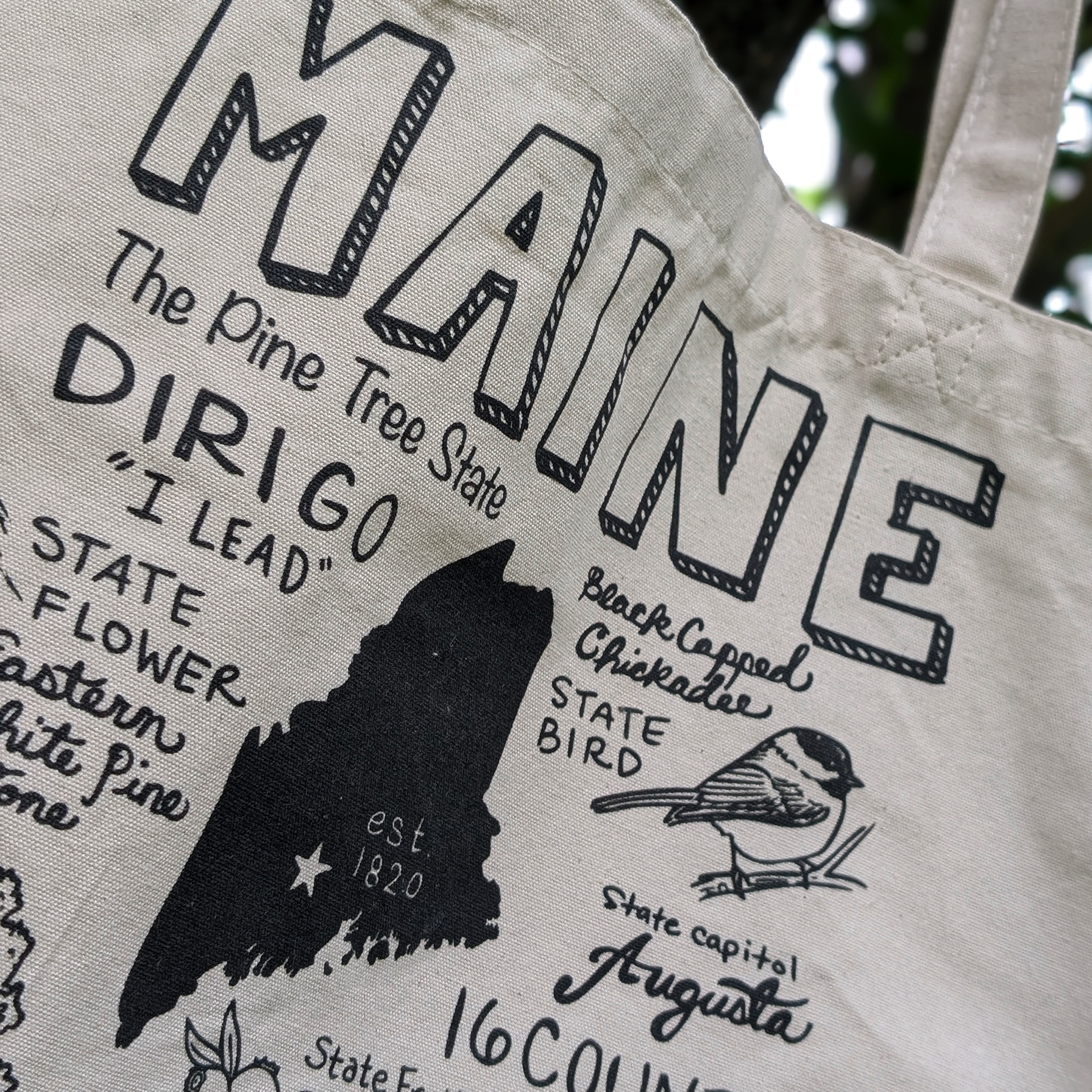 Close-up detail of the Maine-themed tote bag showing illustrated text, the state outline, and chickadee artwork.