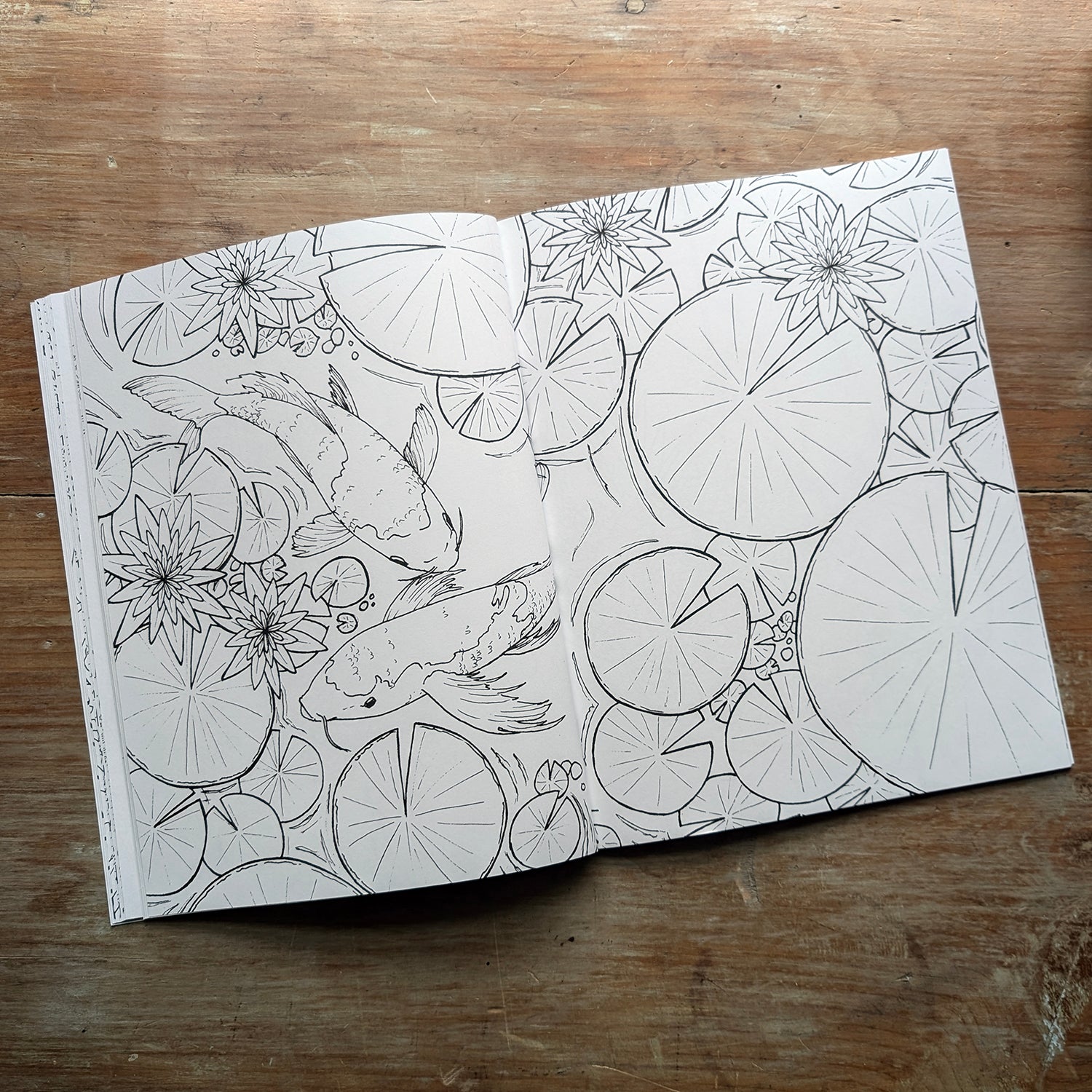 Sample interior coloring book spread featuring koi fish swimming among lily pads and flowers.