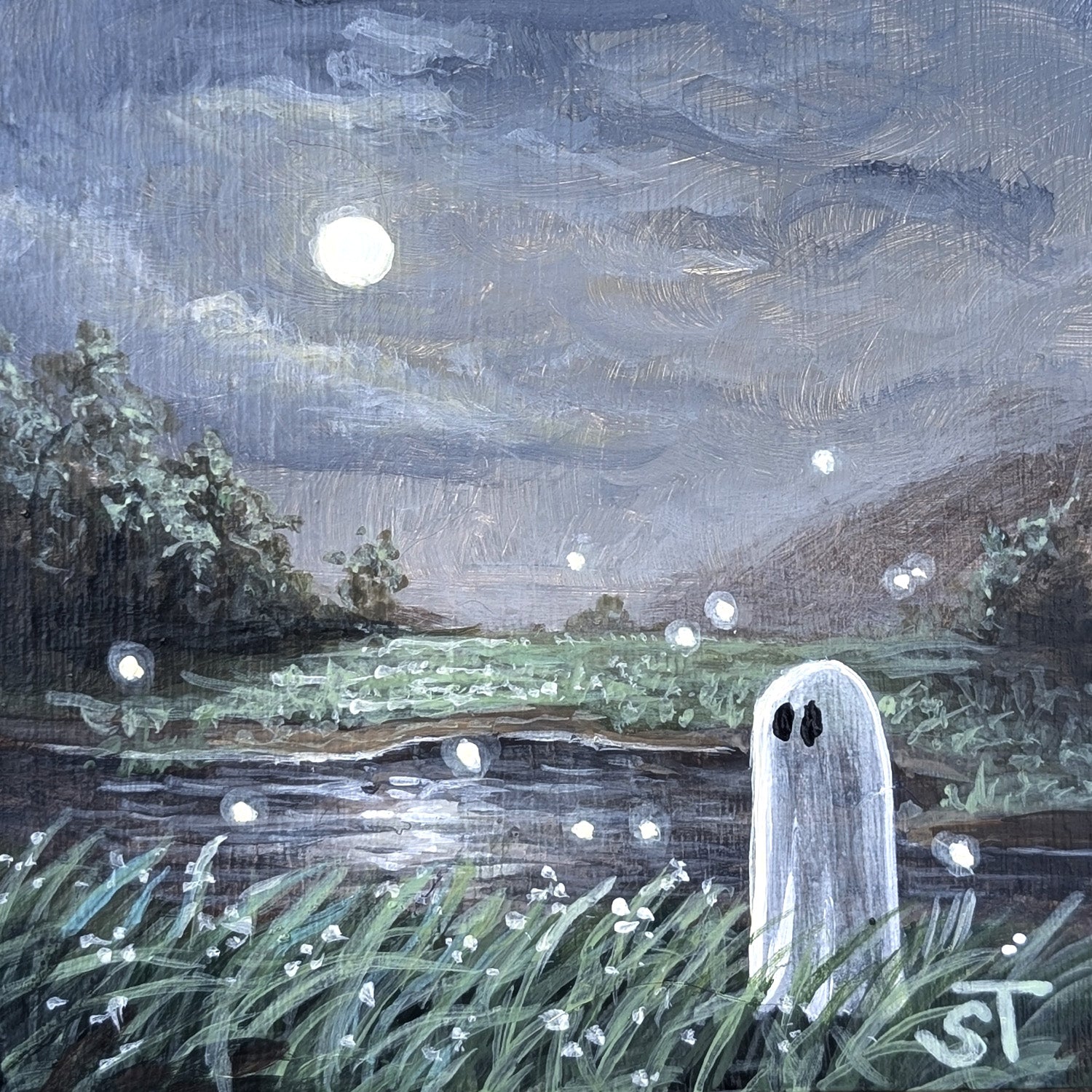 Ghost by a river at night with stars and moon