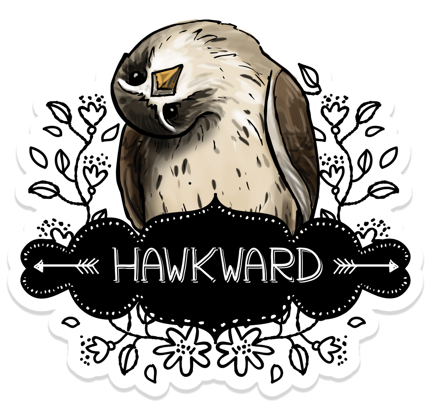 Vinyl sticker featuring an illustrated hawk with its head tilted, surrounded by floral elements, and the text “Hawkward.”