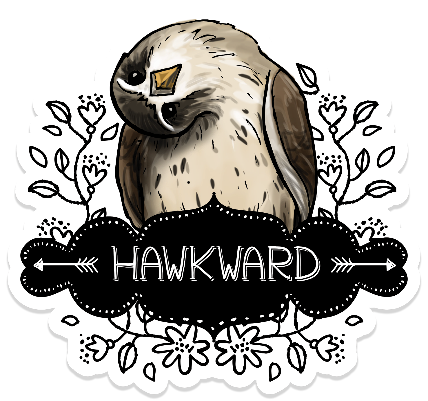Vinyl sticker featuring an illustrated hawk with its head tilted, surrounded by floral elements, and the text “Hawkward.”
