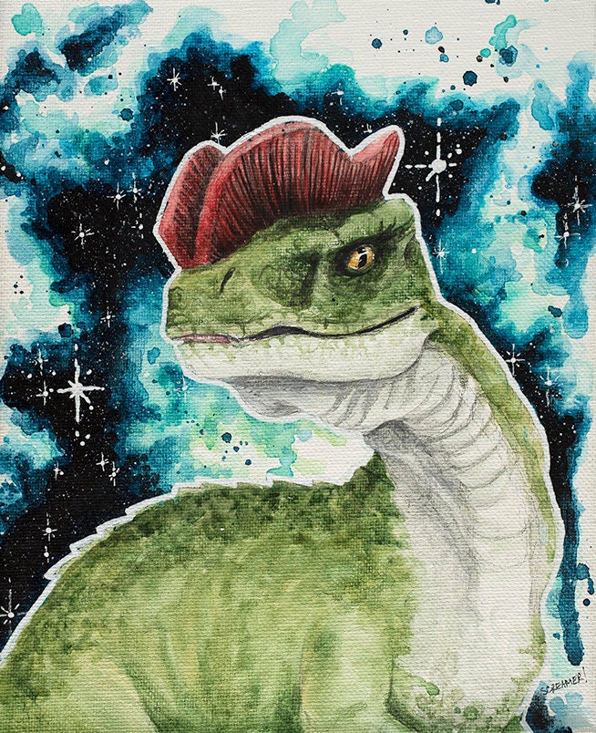 Dilophosaurus in Space artwork showing a dinosaur with watercolor style space background. 