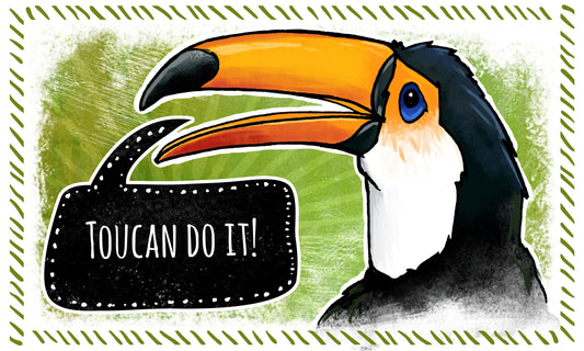 Hand-illustrated vinyl decal of a toucan with a speech bubble saying 'Toucan do it!' against a green background.