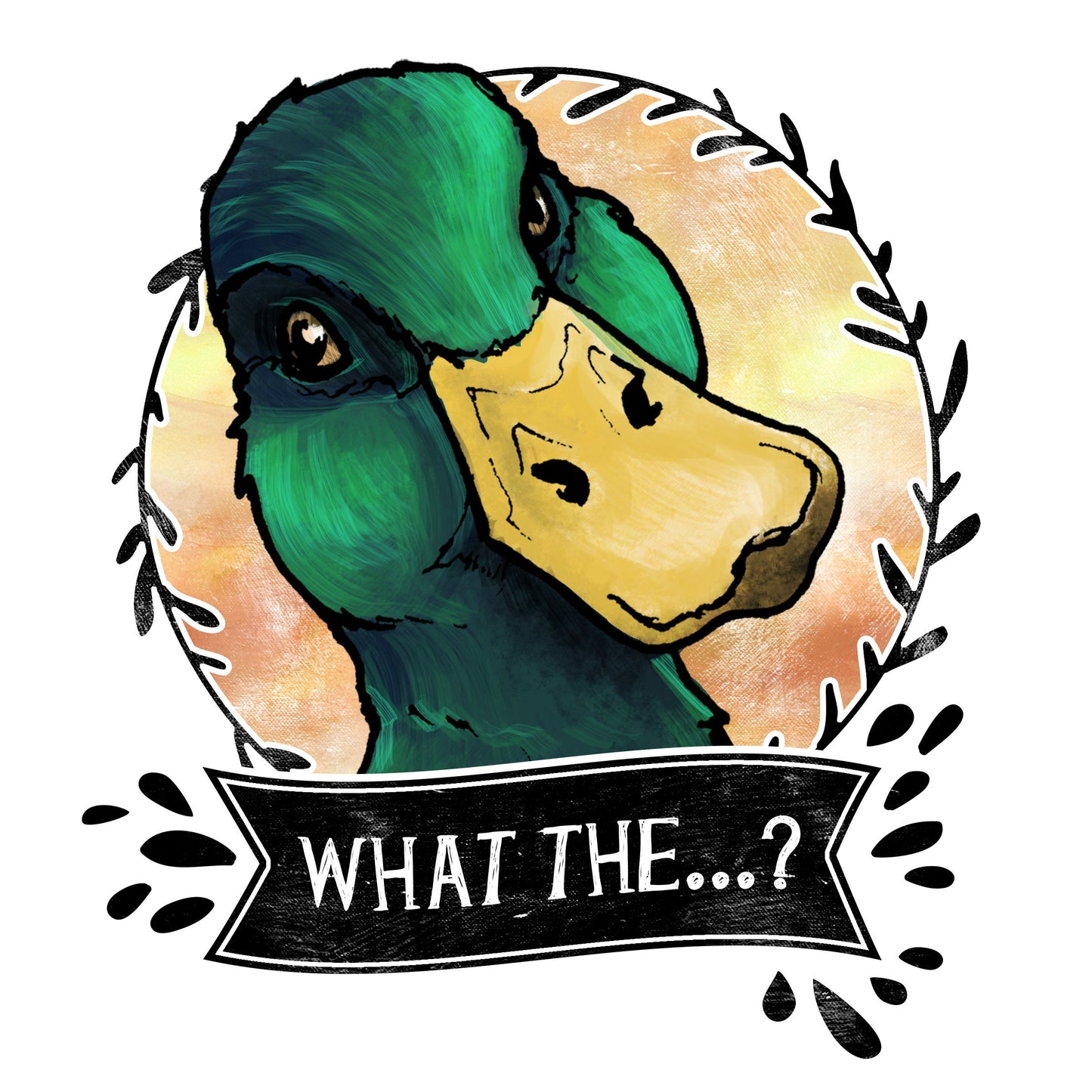 Hand-illustrated vinyl decal of a duck with the text 'WHAT THE...?'